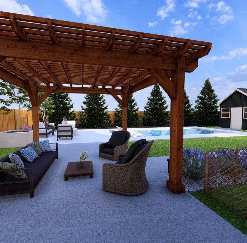 Custom pergola and patio SketchUp plan rendering