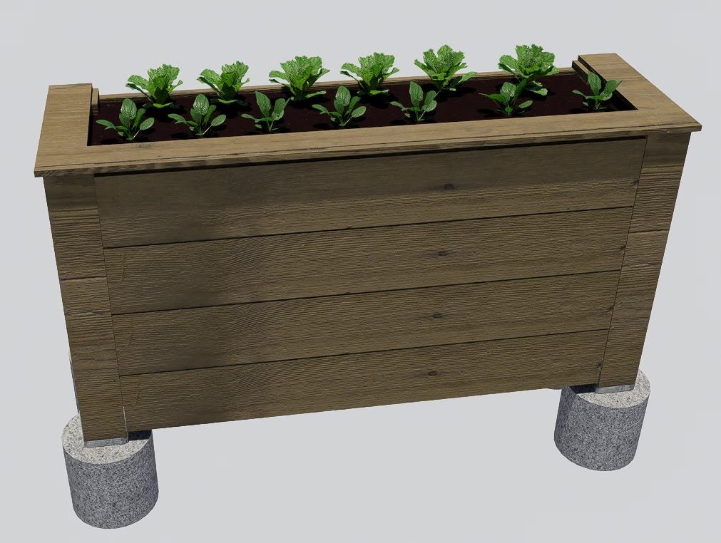 SketchUp rendering of a raised wooden planter box on concrete footings